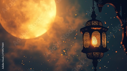 Eid al-fitr Hosni Mubarak mosque and lantern background at night，AI generated. photo