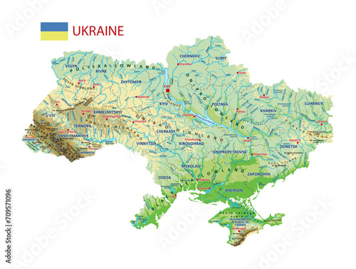 Topographic map of Ukraine. Geographic map of Ukraine with borders of the regions. High detailed Ukraine physical map with labeling. Atlas of Ukraine with rivers, lakes, seas, mountains and plains.Vec photo