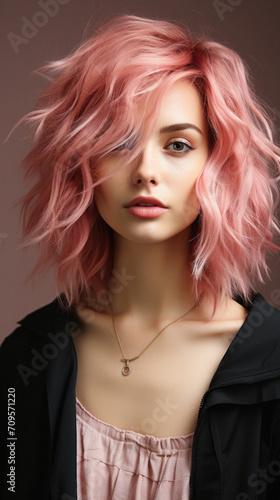 Portrait of a beautiful girl with pink hair. Fashion .