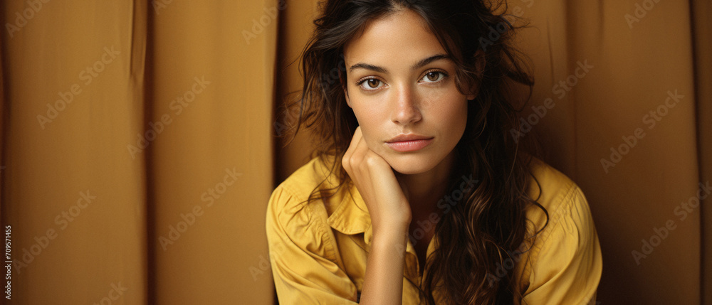 Portrait of a beautiful young brunette woman in a yellow shirt . Portrait of a beautiful young brunette woman in a yellow shirt .