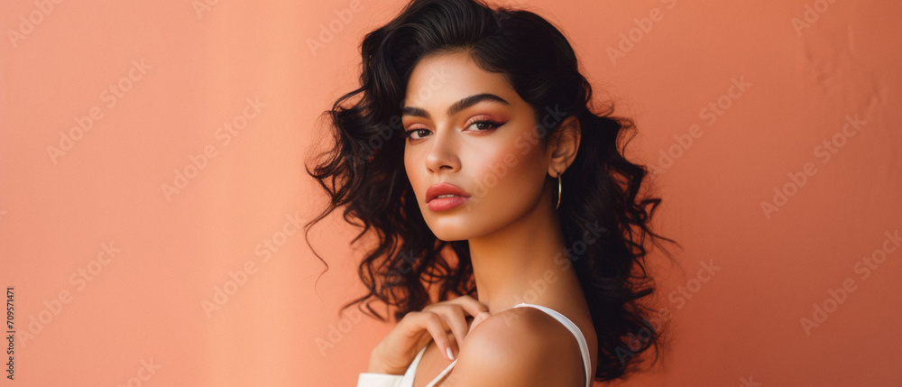 Beautiful young woman with curly hair and makeup looking at camera on orange background Beautiful young woman with curly hair and makeup looking at camera on orange background
