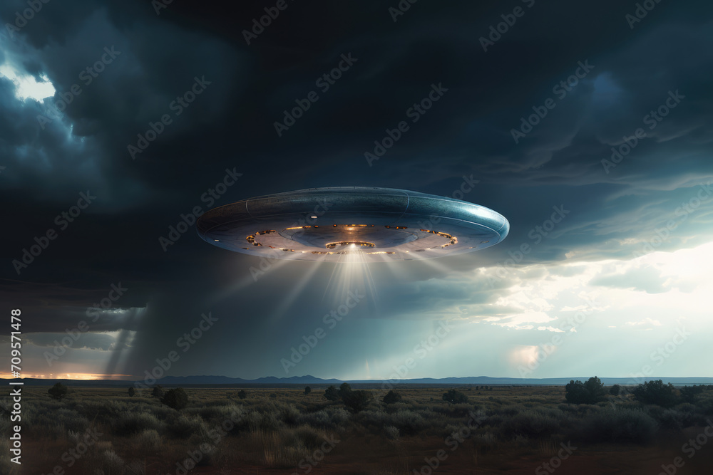 Obraz premium Partially cloaked flying saucer, its outline visible against a thunderous sky