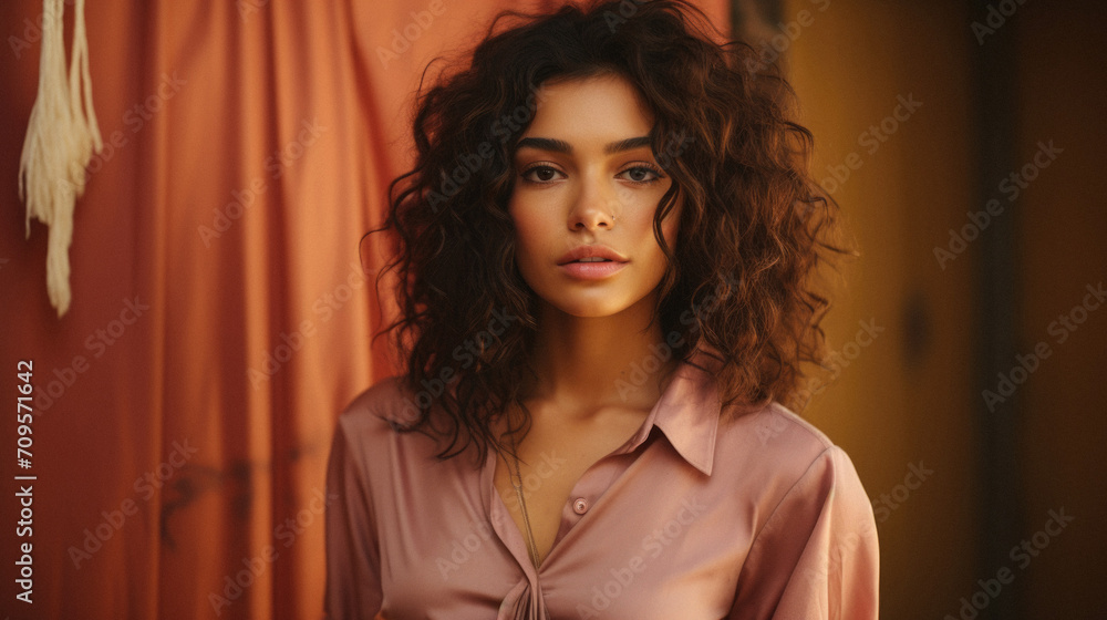 Fototapeta premium Beautiful young woman with curly hair in a pink shirt in the room