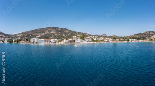 Fototapeta Naklejka Na Ścianę i Meble -  Tolo near Nafplio, Argorida, Peloponnese, Greece. Aerial drone panoramic view of village, sea. Space