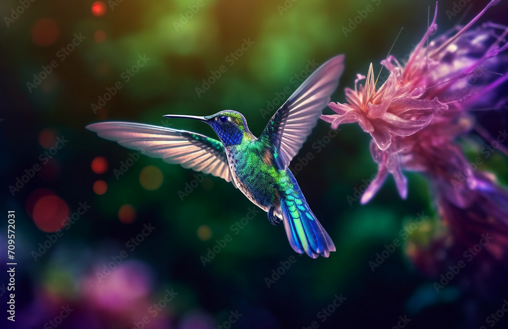 a hummingbird flying over a flower in the air with its wings spread out and wings spread out, generative ai