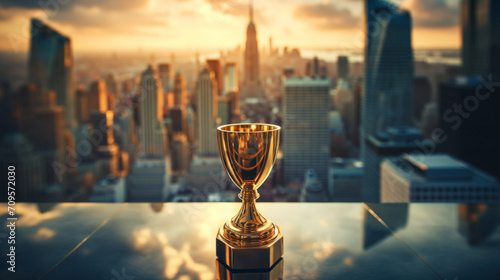 Champion golden trophy city background. Success and achievement concept. Best entrepreneur, startup