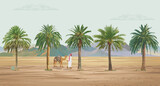 Emirati man with camel walking in the middle of dessert oasis palm tree illustration