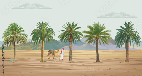 Emirati man with camel walking in the middle of dessert oasis palm tree illustration photo