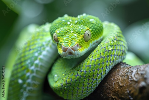In this mesmerizing close-up, encounter a vibrant green snake showcasing its intricate scales, offering a captivating glimpse into the wild beauty of nature in 2025