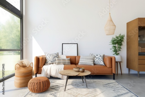 .Boho-chic living room exudes warmth with a peach fuzz color palette, blending trendy decor and stylish furniture for a comfortable, eclectic, and inviting home atmosphere