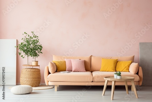 .Boho-chic living room exudes warmth with a peach fuzz color palette, blending trendy decor and stylish furniture for a comfortable, eclectic, and inviting home atmosphere photo