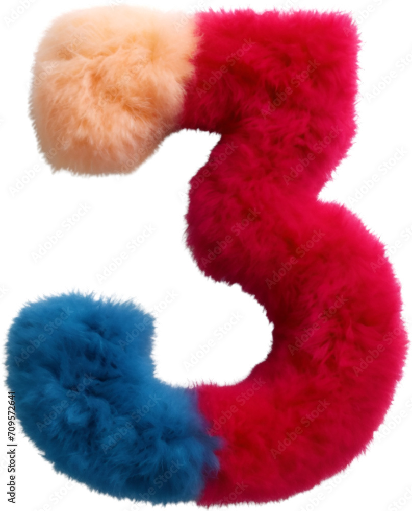 Number 3 made of soft felt and fluffy fur icon isolated on white. colorful toy circus-inspired. Number 3 made of soft felt and fluffy fur icon isolated on white. colorful toy circus-inspired.