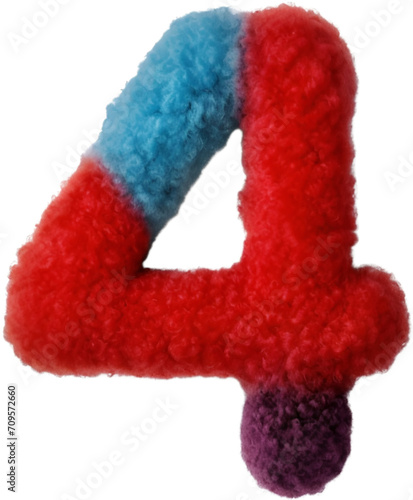 Number 4 made of soft felt and fluffy fur icon isolated on white. colorful circus-inspired.