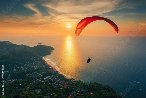 a red paraglider flies at sunset against the backdrop of a beautiful sea coastline landscape