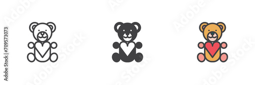 Teddy bear with heart different style icon set