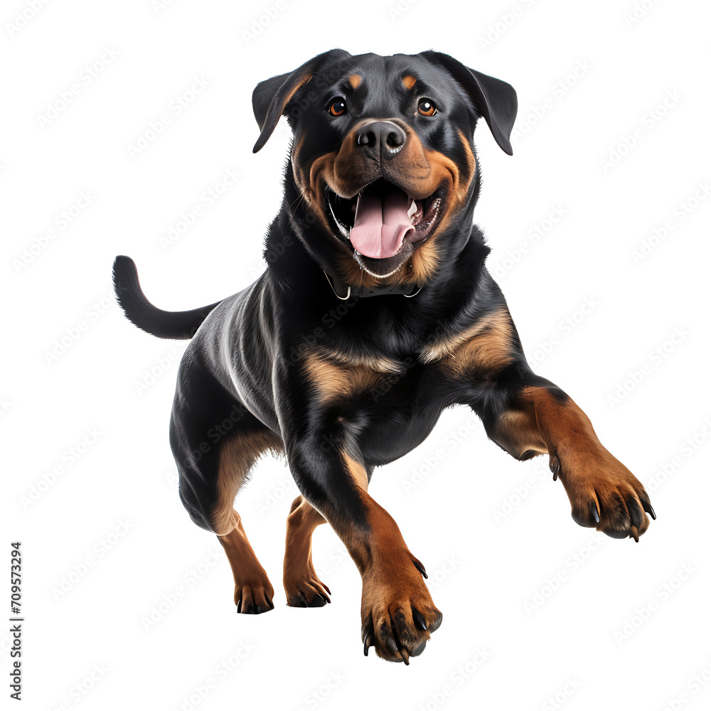 Healthy dog jumping happily on PNG transparent background.