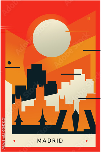 Madrid city brutalism poster with abstract skyline, cityscape retro vector illustration. Spain capital metropolis travel guide cover, brochure, flyer, leaflet, business presentation template image