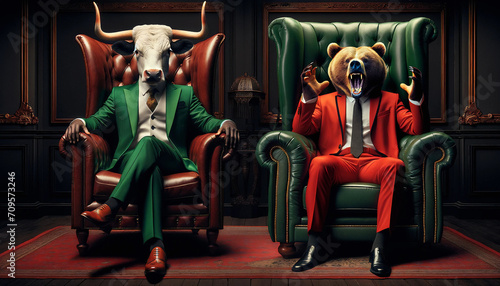 Bull versus bear in suits facing each other, trading on stock market. Bullish vs bearish trend.trade, graph, chart, business, investment, finance, stock, financial, Generative AI.