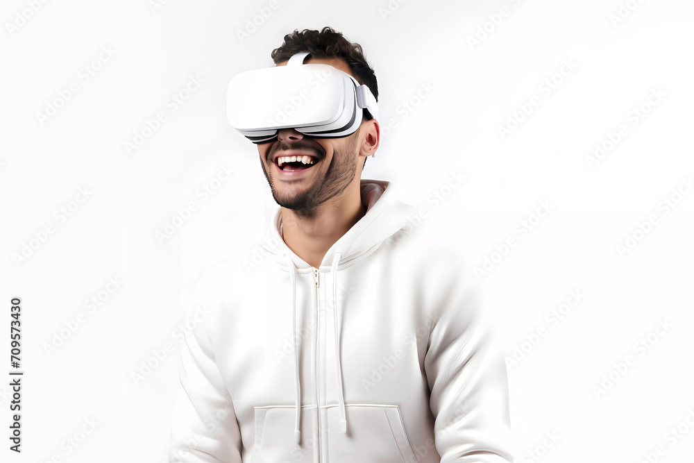 Gamer wear virtual reality vr glasses and smile. Generative ai design. Gamer wear virtual reality vr glasses and smile. Generative ai design.