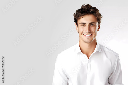 Happy young man in shirt on clean background. Generative ai design art. photo