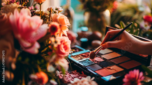 Decorative cosmetics for makeup, brush in hands and flowers. Selective focus.