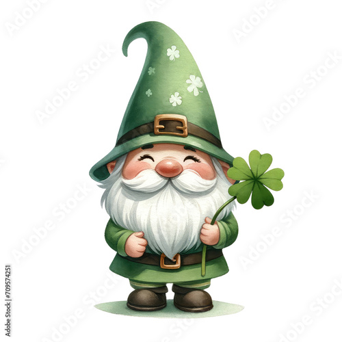 Watercolor illustration of cute gnome with clover leaf and gold pot, St. Patrick's Day concept