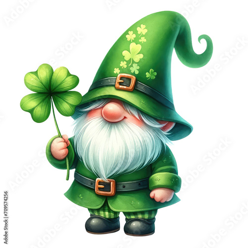 Watercolor illustration of cute gnome with clover leaf and gold pot, St. Patrick's Day concept