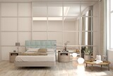 White bedroom concept. Scandinavian interior design. 3D illustration