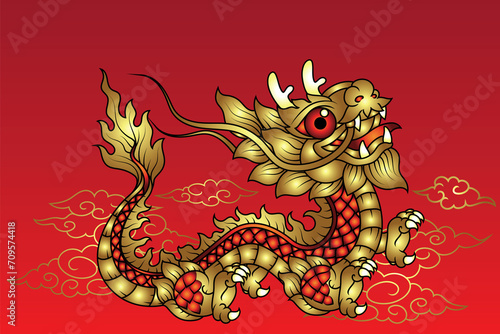 Minimal cute golden Chinese dragon with cloud on red background. Lunar day festival.