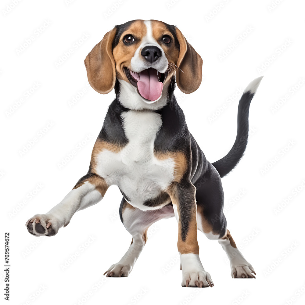 Beagle Healthy dog jumping on transparent background PNG, easy to use. Generated by realistic AI
