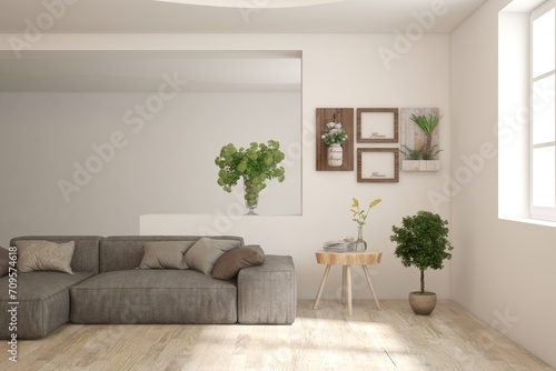 Fototapeta Naklejka Na Ścianę i Meble -  White modern interior design with sofa. Scandinavian interior design. 3D illustration
