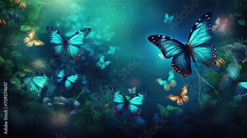 Fantastic background with butterflies and magical glowing stars on a black and purple background. Neon light.
