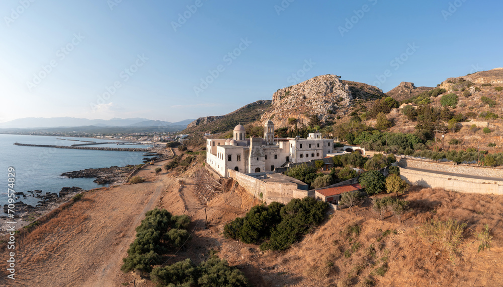 Crete island, Monastery Gonia Odigitria, Chania town, Greece. Aerial drone view of Orthodox Church.