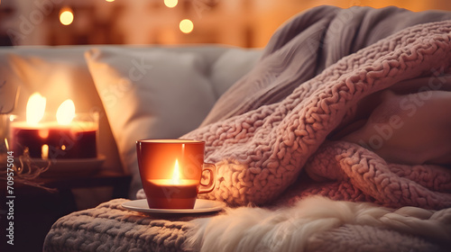Morning in bedroom with warm candle and coffee Hygge