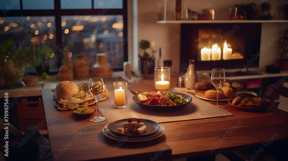 Fototapeta premium Warn dining room with candle romantic theme Hygge