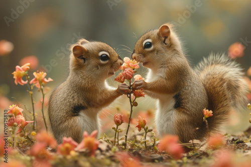 A playful duo of squirrels engages in a charming exchange of flower tokens © Veniamin Kraskov