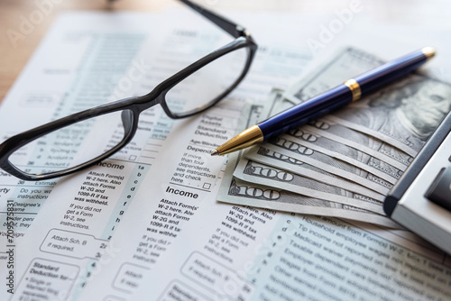 1040 Tax form 2023 with pen  glasses  dollars on desk