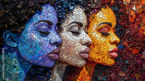 Mosaic Artwork of Three Colorful Faces