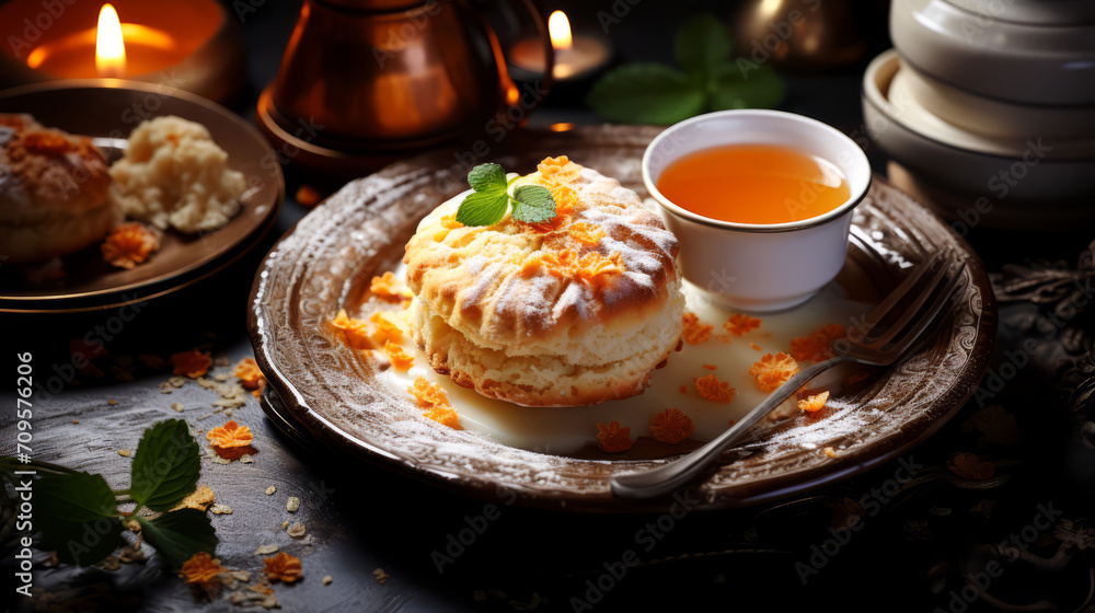 Cream cheese scone with orange jam on a dark background. - obrazy, fototapety, plakaty 