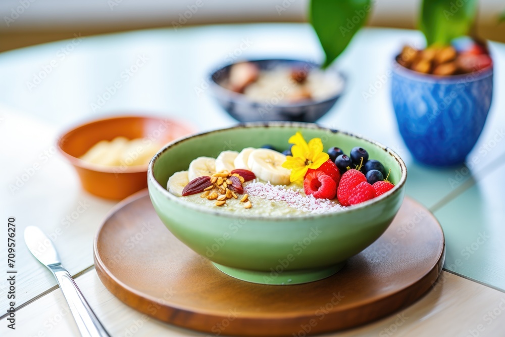 green bowl with banana porridge topped with a berry trio green bowl with banana porridge topped with a berry trio