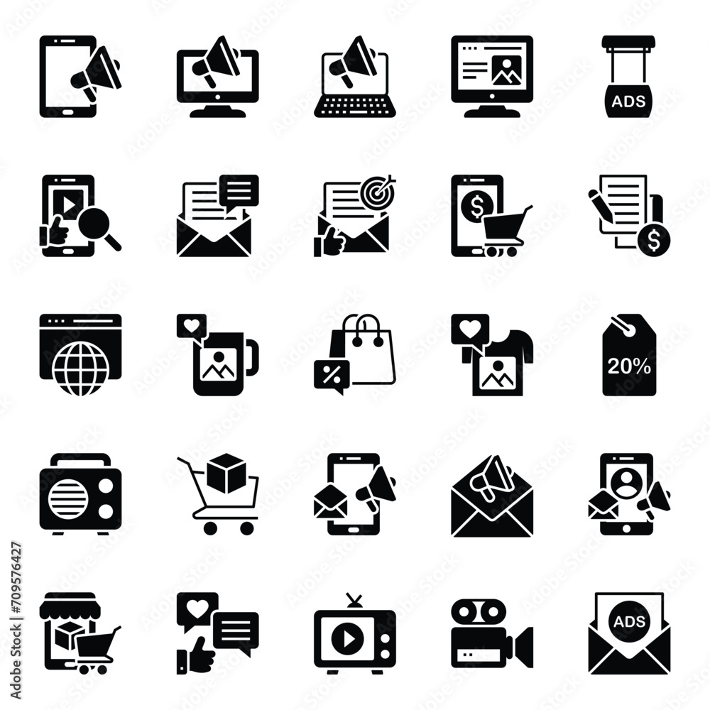 Glyph icons set for Marketing and advertisement.