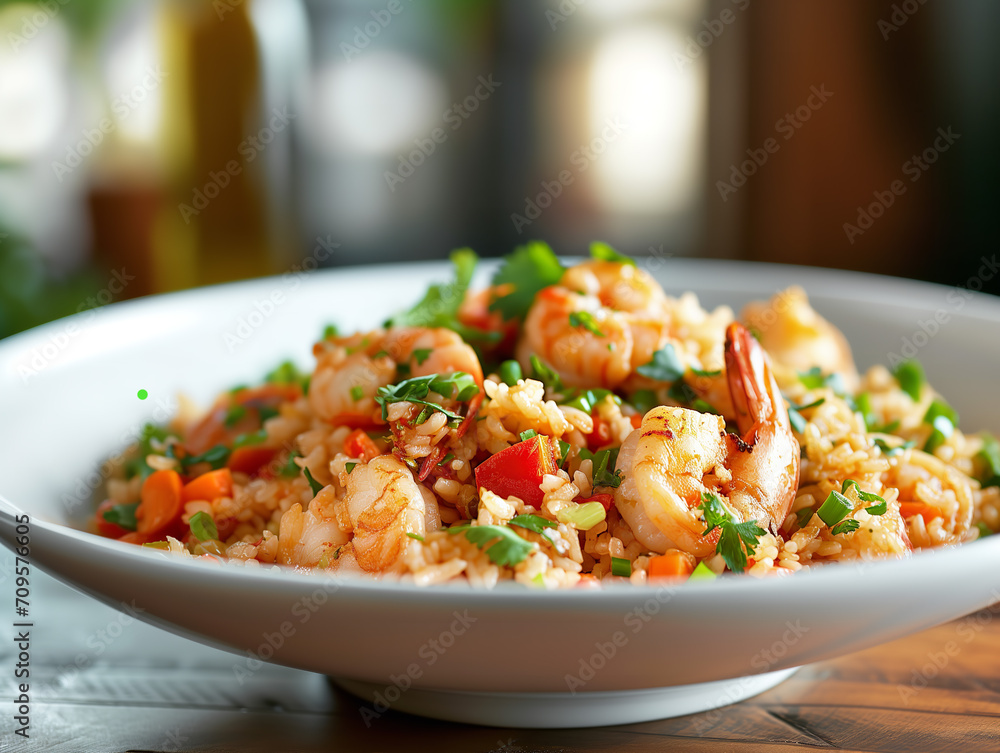 Delicious Fried Rice with Fried Prawns in a Bowl, Asian Cuisine, Close-Up Delicious Fried Rice with Fried Prawns in a Bowl, Asian Cuisine, Close-Up