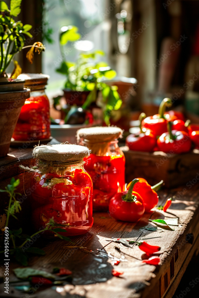 Preserving peppers in the garden. Selective focus.