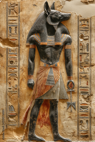 The Guardian of the Underworld - Anubis, Stone Relief Adorned with Hieroglyphs