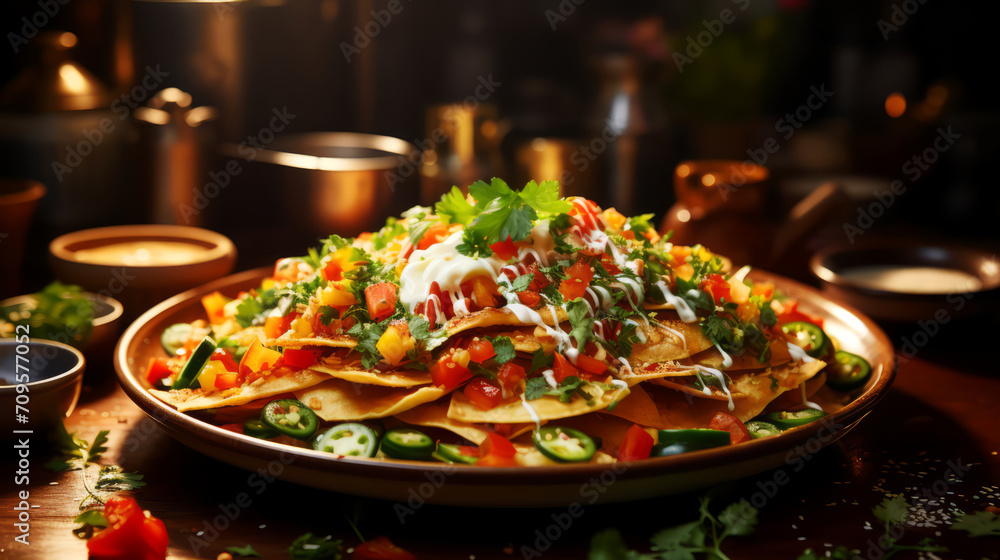 Tortilla chips with melted cheese, fresh vegetables and sour cream.