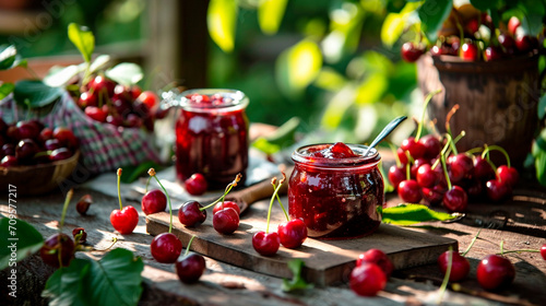 Cherry jam in garden jars. Selective focus.