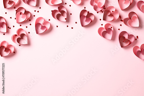 Saint Valentine Day holiday background with red paper cut hearts and confetti on pastel pink background. Flat lay composition, top view.
