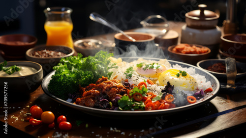 Bibimbap with rice, fried eggs, vegetables and spices.