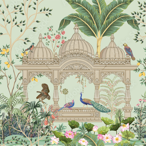 Traditional Mughal garden, peacock, arch, temple, lamp, bird vector illustration seamless pattern for wallpaper