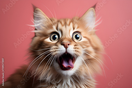 Portrait of Ginger Cat Surprised Open mouth on Isolated white background, side view